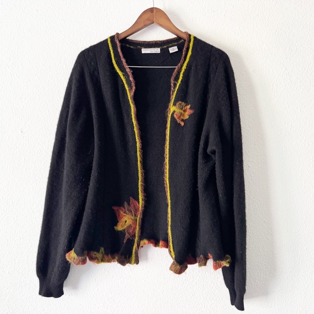 Cottagecore American Blue Pure Cashmere Felted Leaf Artisan Cardigan M Boho Chic - Picture 3 of 16